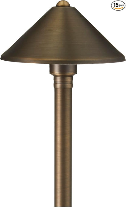 VOLT 15-Pack 12V Solid Brass Conehead Path Lights (7" Shade, 25" Tall) for Low Voltage Landscape Lighting on Outdoor Pathway, Walkway, Garden, Driveway or Patio