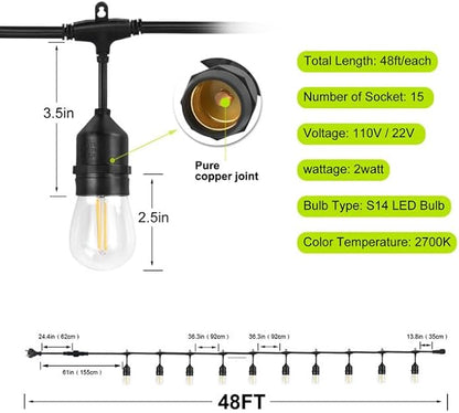 Outdoor String Lights LED 48FT Commercial Grade Heavy Duty with 16 2700K LED S14 Shatterproof Plastic Edison Bulb for Patio Back Yard Porch Party Decor