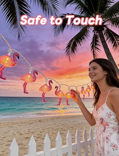 Oviejo 8.5Ft Pink Flamingo Outdoor String Lights Summer Patio String Lights with 10 Mini Flamingo Lights, for Birthday Party Fiesta Decoration,Summer Decor,White Wire