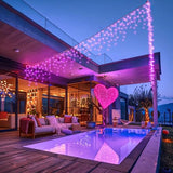 99ft Pink Icicle Christmas Lights Outdoor, 1216 LED Icicle Lights for Outside Clear Wire Twinkle Lights with 8 Modes Timer Waterproof for Window Party Wedding Yard Holiday Valentine's Day Decorations