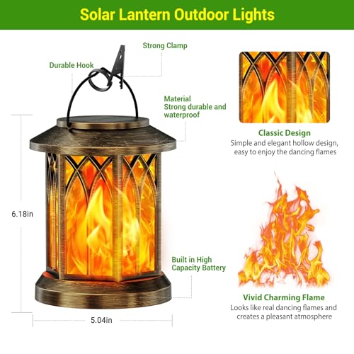 KOOPER 2 Pack Solar Lanterns Outdoor Waterproof, Upgraded Flickering Flame Solar Lantern Lights, Auto On/Off Lanterns Decorative Outdoor, Outdoor Hanging Lantern for Yard Garden Table Decor (Bronze )
