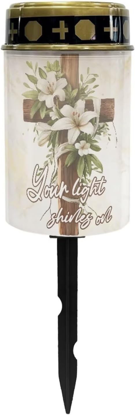 Grave Decorations for Cemetery Lily Flower Solar Cross for Cemetery Grave Waterproof Dusk to Dawn Sensor Grave Lamp Bereavement Gifts 2 Pack