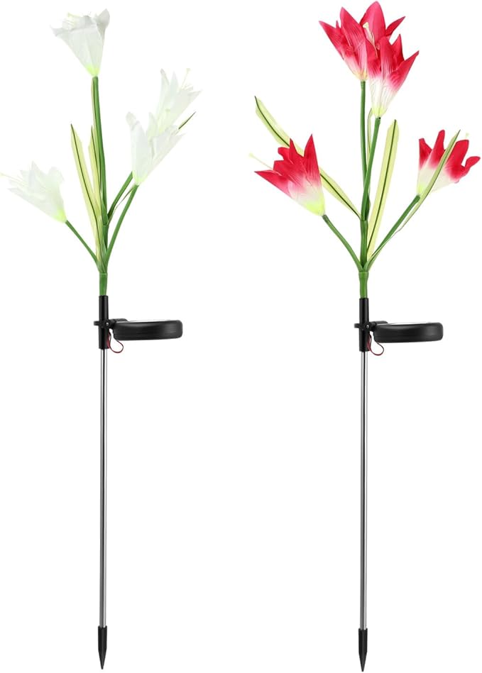 Totority Solar Powered Outdoor Garden Flower LED Lights with Ground Stake, Colorful 4-Head Lily Design, 2pcs White and Pink Solar Pathway Lamps for Lawn Décor