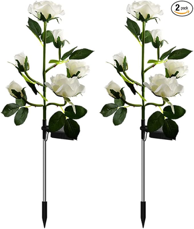 Aolyty Solar Garden Lights Outdoor, Solar Powered Stake Flower Light, IP65 Waterproof Solar Decorative Rose Flowers Lights for Patio Pathway Yard Lawn Decor (White, 6 Rose)