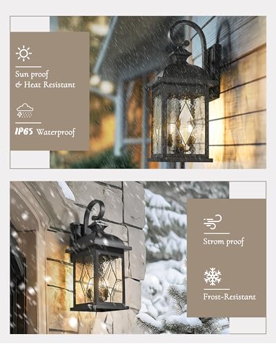 FEMILA 3-Light Outdoor Wall Light, 26" Large Exterior Wall Lantern with Water Ripple Glass, Porch Light for Entryway, Patio, Garage, and Doorway, E12 Base, 4FD54B-L SD BK