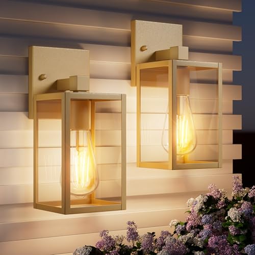 Outdoor Light Fixtures Wall Mount, Waterproof Front Porch Lights, Modern Exterior Lighting Fixtures with E26 Socket, Gold Wall Sconces Lantern Lamp, Outside Lights for House, Garage, Patio (2 Pack）