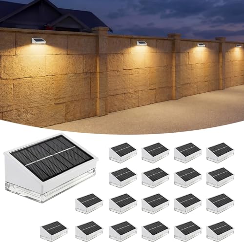 Solar Fence Lights 20 Pack, Outdoor Solar Lights with 3 Color Temperatures, IP65 Waterproof Wide-Angle LED Lighting for Fence, Patio, Yard, Deck, Wall, Garden (White)