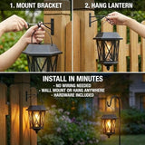 Solar Lanterns Outdoor Waterproof, Hanging Solar Lights with Glass Shade - 2 Pack LED Metal Wall Mount Outdoor Light for Yard/Garden/Patio - Black