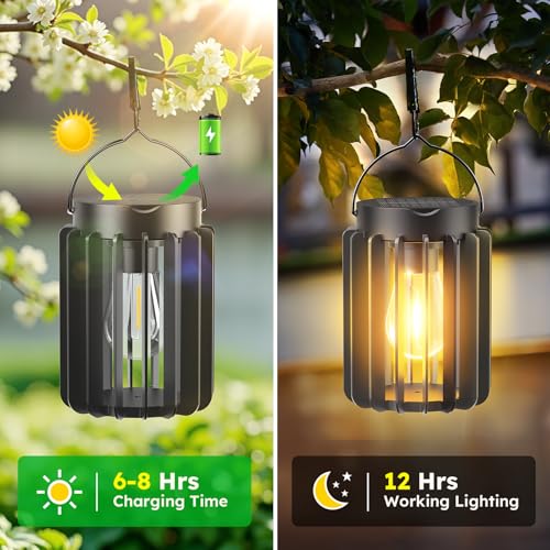 2 Pack Solar Lanterns Outdoor Waterproof, Retro Hanging Lantern, Black
