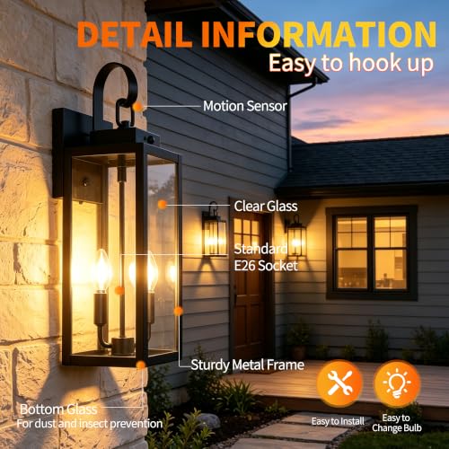 20 Inch Motion Sensor Dawn to Dusk Outdoor Sensor Light Fixture Anti-Rust Exterior Wall Lighting Waterproof Outdoor Wall Lantern for Porch Patio Front Door Garage - 2 Pack