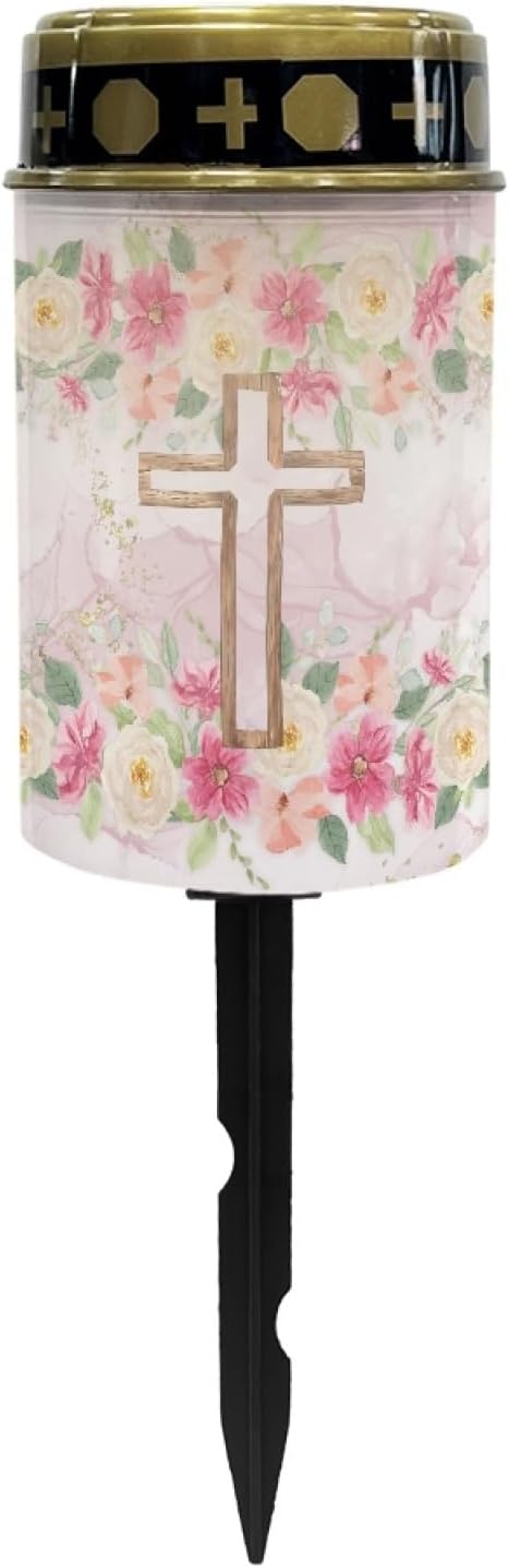 Cross Floral Solar Lights Outdoor Solar Garden Stake Lights Landscape Lighting for Yard Patio Cemetery Decoration for Grave,Flameless Warm White Lights Solar Powered Lights for Outside,Pink