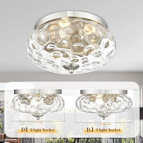 Darkaway Large Ceiling Light Fixtures 3-Ight Flush Mount Indoor Outdoor Ceiling Light with Water ipple Glass Shade for Kitchen Bedroom Living Room Dining Room Entry Porch Nickel Finish