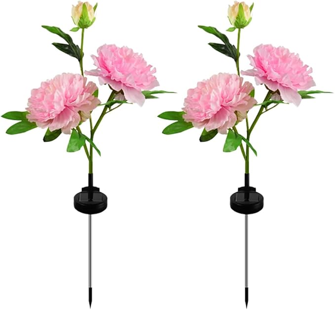 Solar Peony Flower Lights 2pcs Waterproof Garden Outdoor Lights Led Decorative Flowers Stake Light for Home Backyard Pathway Patio Yard Walkway Decoration (Pink)