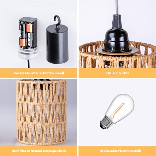 Battery Operated Chandelier, Battery Hanging Pendant Light, Rattan Lights with Warm White Bulb, 4*AA Battery Powered, for Gazebo Pergola Porch Patio Outdoor Indoor Decor (3)