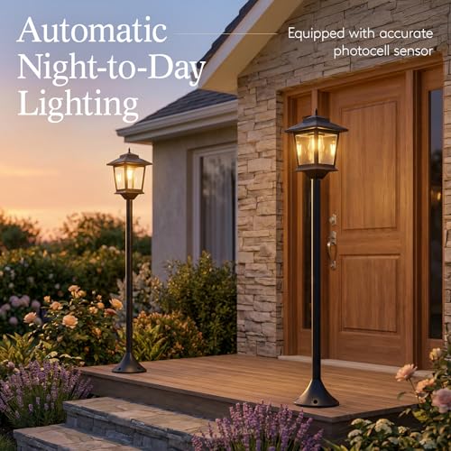 Solar Post Lights Outdoor, 2-Pack 63" Solar Lamp Posts Waterproof with 1 Replaceable Bulb, Warm White Dusk to Dawn Pole Lights for Garden, Patio, Pathway