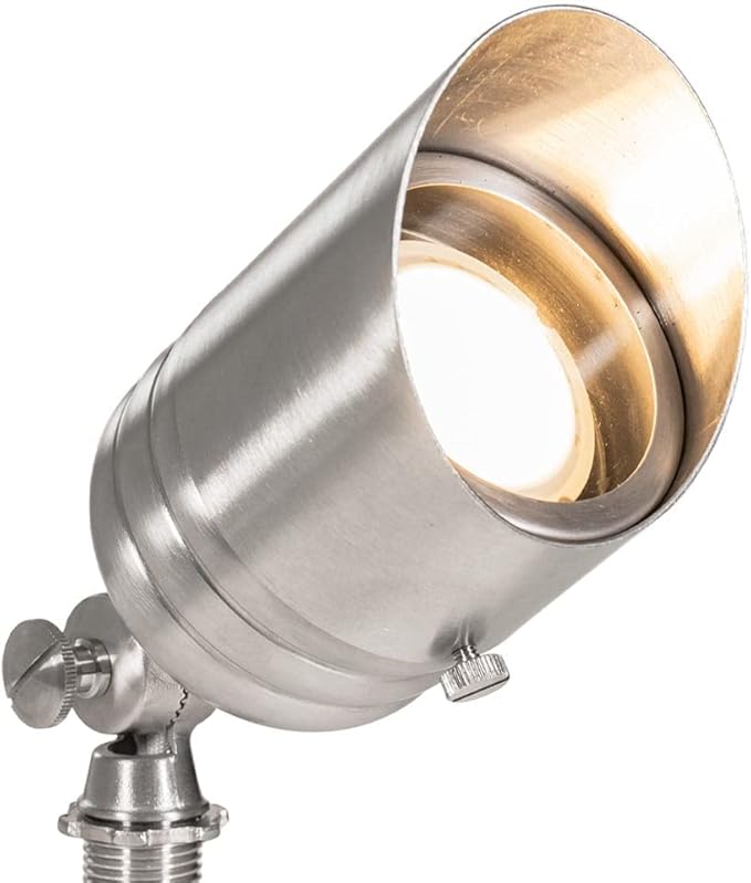 VOLT Fat Boy 12V Stainless Steel Outdoor Spotlight with 5W 2700K Warm White 400 Lumen MR16 LED Bulb for Low Voltage Landscape Lighting of Yard, Lawn, Garden, Patio, Trees & House