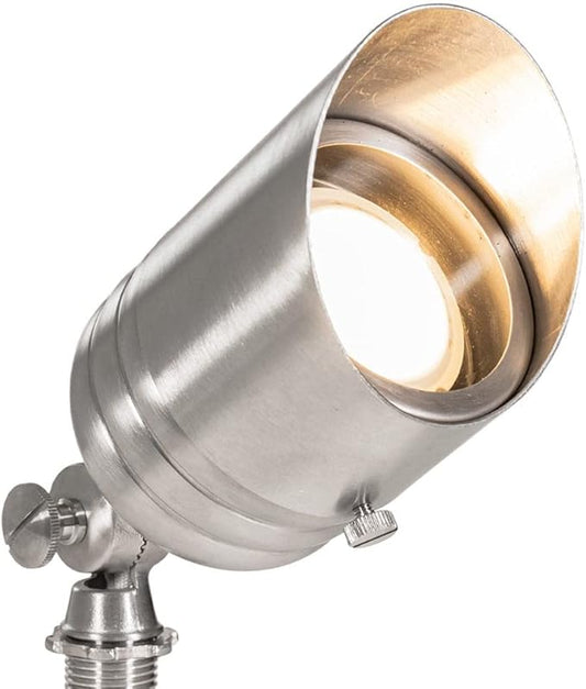 VOLT Fat Boy 12V Stainless Steel Outdoor Spotlight with 5W 2700K Warm White 400 Lumen MR16 LED Bulb for Low Voltage Landscape Lighting of Yard, Lawn, Garden, Patio, Trees & House