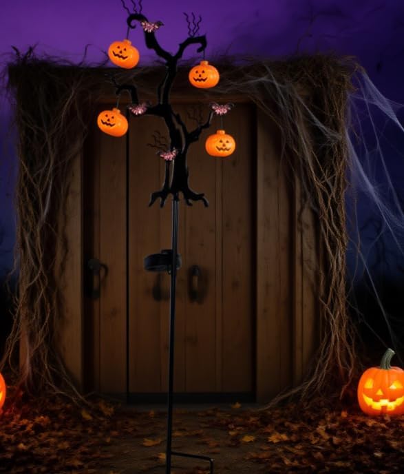 Halloween Solar Pathway Lights Kit - LED Pumpkin Ground Lights with Bat Garden Stakes for Spooky Outdoor Yard Decor, 72cm