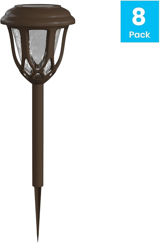 Flash Furniture Hess 8 Pack LED Solar Lights - All-Weather Brown Tulip Style Outdoor Solar Powered Lights - Landscape Lighting for Pathway, Garden, & Yard, 3.37x3.37x14, Brown