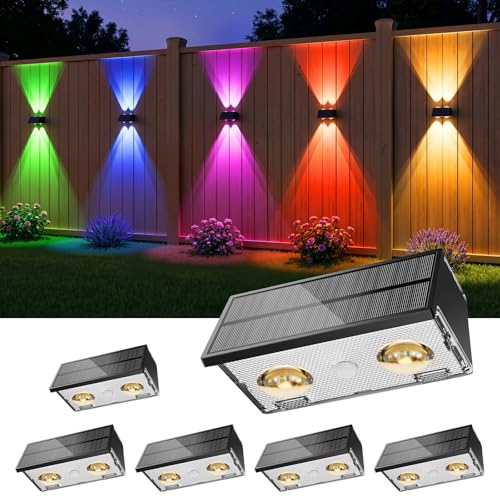 Bridika Solar Fence Lights Outdoor, 6 Pack Up and Down Wall Light, 8 Colors Lens LED Dusk to Dawn Solar Lights Outdoor Waterproof for Patio, Deck, Backyard, Garden
