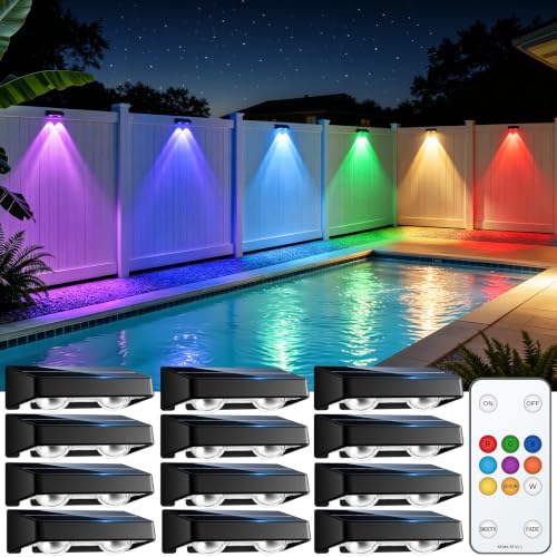 Solar Fence Lights Outdoor with Remote, 12 Pack 9 Colors & 11 Lighting Modes Fence Lights Solar Powered Waterproof IP65 Color Changing Solar Lights for Fence Garden Yard Patio Deck Step Wall
