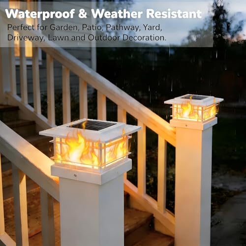 6 Pack Solar Post Cap Lights Outdoor with Flickering Flame Light, White Shell Fence Post Solar Lights Fit 4x4 5x5 Vinyl/Wooden Posts, Brightness LED Lighting Decor for Garden Deck Patio