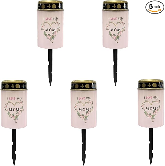 I Love Mom Solar Lights Outdoor Solar Garden Stake Lights Landscape Lighting for Yard Patio Cemetery Decoration for Grave,Flameless Warm White Lights Solar Powered Lights for Outside