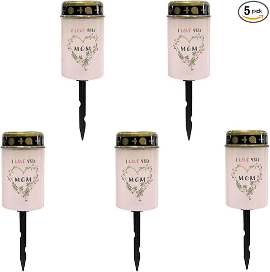 I Love Mom Solar Lights Outdoor Solar Garden Stake Lights Landscape Lighting for Yard Patio Cemetery Decoration for Grave,Flameless Warm White Lights Solar Powered Lights for Outside