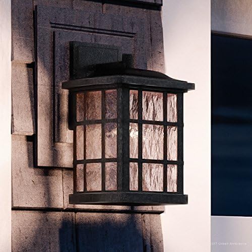 Urban Ambiance Luxury Craftsman Outdoor Wall Light, Small Size: 13" H x 8" W, with Tudor Style Elements, Highly-Detailed Design, High-End Black Silk Finish and Water Glass, UQL1232