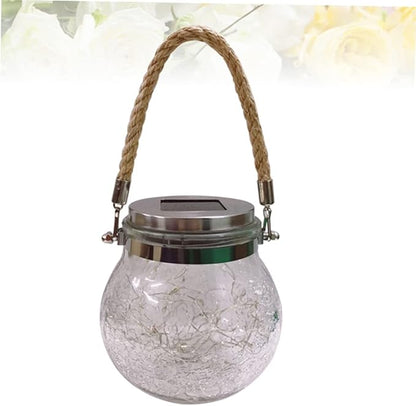 POPETPOP Solar Powered Crackle Glass Jar Lights Hanging Lamps for Outdoor Garden Lawn Patio Decor Unique Blue Light Design with Rope Handle