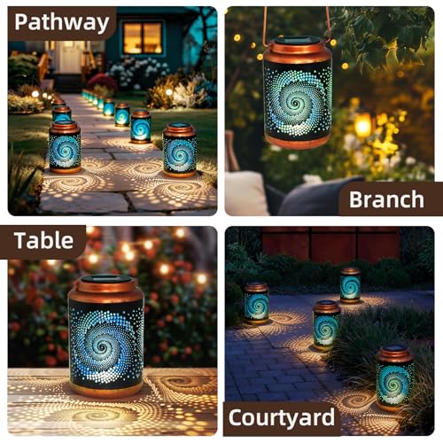DIBIEECN Birthday Gifts for Women Mom Grandma Wife, Solar Lanterns Outdoor Waterproof, Metal Hanging Lights Garden Decor, LED Decorative Lantern for Patio Porch Backyard, Blue, 2 Pack