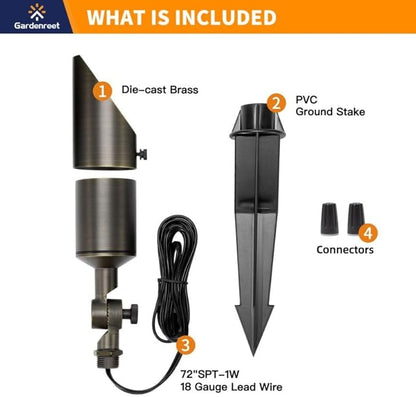 Gardenreet Brass Landscape Lighting - Low Voltage Spotlights Outdoor, 12V LED Wired Uplights, Waterproof Spot Lights, Bronze for Outside Trees Without MR16 Bulb (4 Pack)