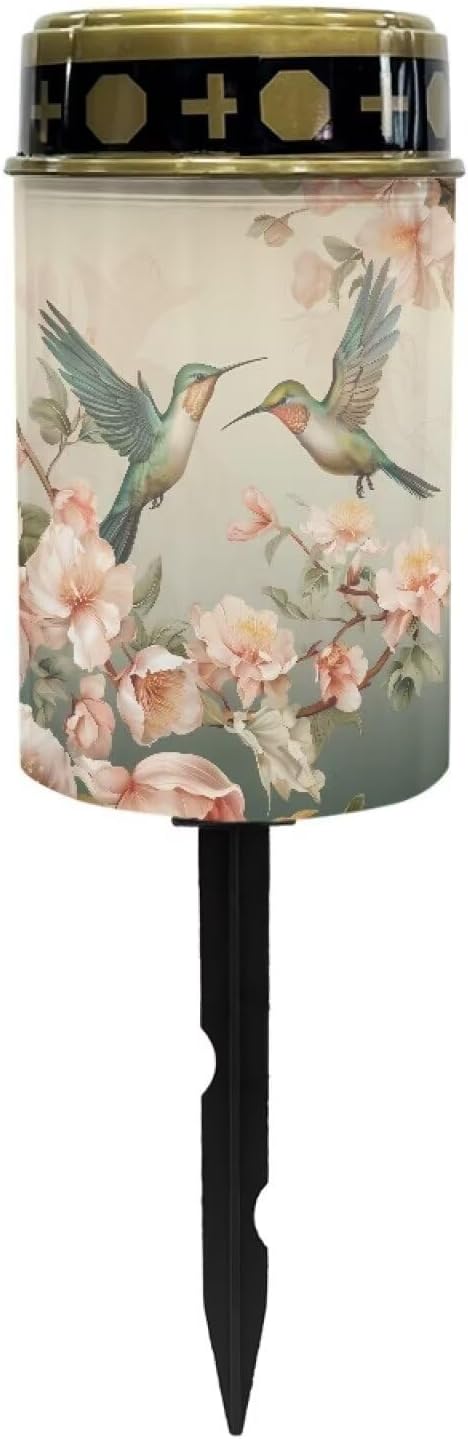 Poceacles Outdoor Solar Stake Light Cemetery Memorial Candle, Hummingbird Flower Beige