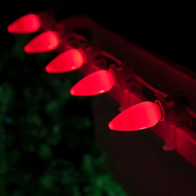 Wintergreen Lighting C9 OptiCore LED Red Christmas Lights – Commercial Outdoor Heavy Duty Smooth Ceramic-Style Bulbs for Valentine's Day; 18 Gauge White Wire (100 Lights, 100 Ft)