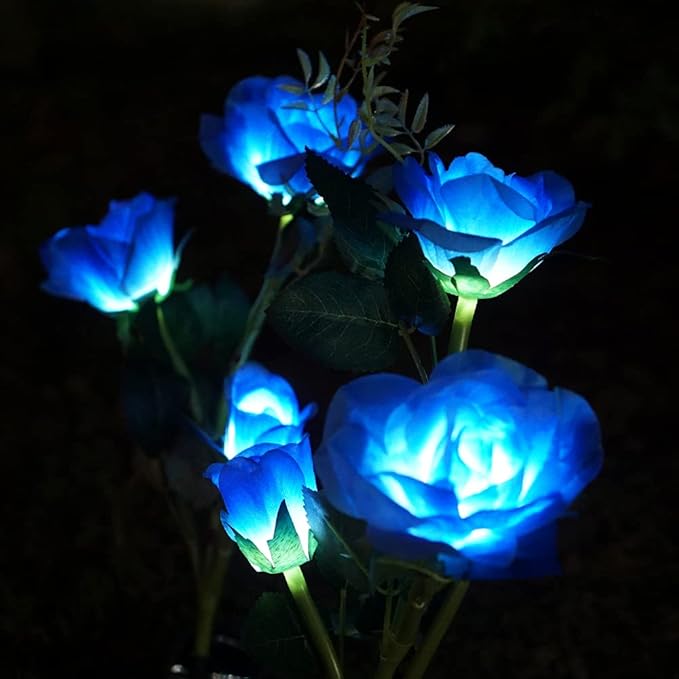 Solar Rose Garden Lights, 2 Pack Realistic Flower Lights, Waterproof LED Decorative Stake Landscape for Patio Pathway Grave Cemetery Outdoor Decor (Blue)