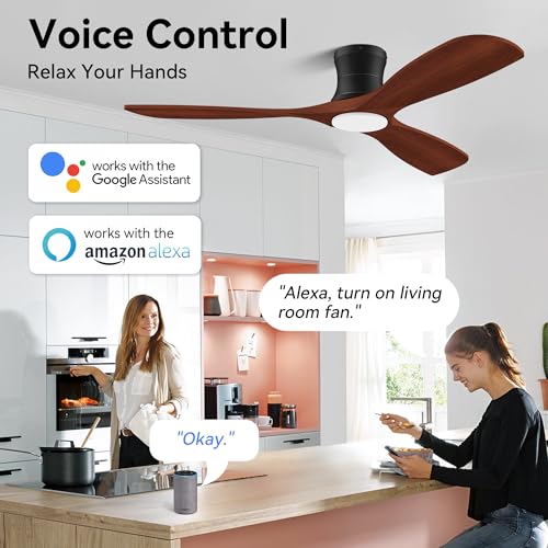 52” Wood Smart Low Profile Ceiling Fans with Lights and Remote,Flush Mount