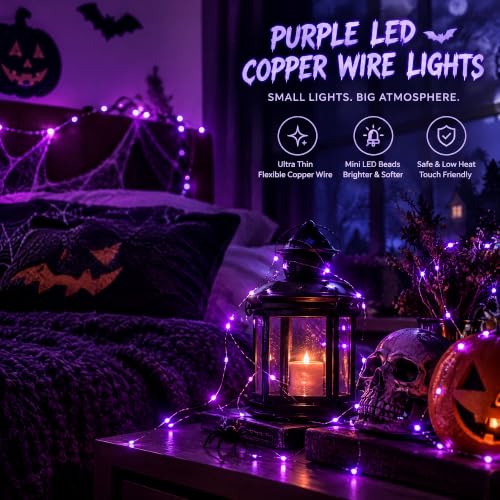 Dazzle Bright Halloween Fairy String Lights, Total 40FT 120LED Copper Wire Battery Operated Waterproof Lights, Halloween Decorations for Indoor Home Outdoor Garden Patio Party Decor (Purple)