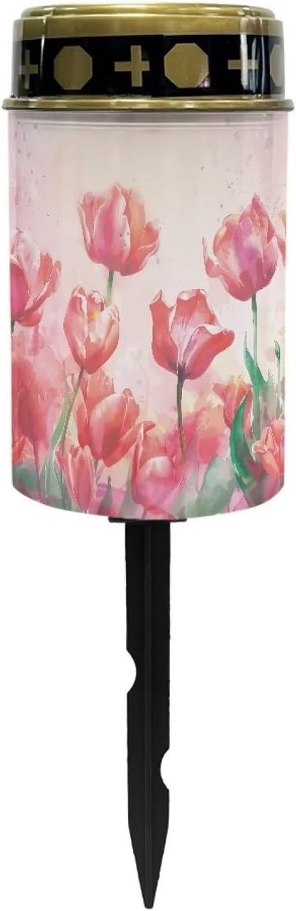 Tulip Garden Stake Light Printed, Solar Lights for Cemetery Grave,Solar Pathway Lights Outdoor,Lawn Yard Patio Garden Decor