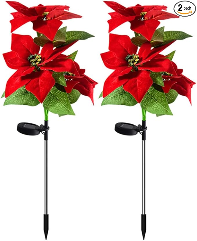 Aolyty Solar Garden Lights, IP65 Waterproof Solar Flowers Lights Landscape Lighting Simulation Poinsettia LED Light for Pathway, Garden, Patio, Yard, Lawn Outdoor Decorative (2 Pack)