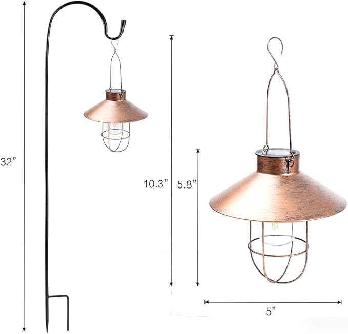 HUYIENO 2Pack Solar Metal Hanging Lantern with Shepherd Hook Outdoor Led Garden Lights Brushed Copper | Lumora