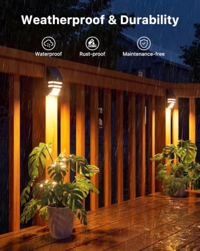 4 Pack Warm White Solar Fence Lights, Black Stainless Steel Shell