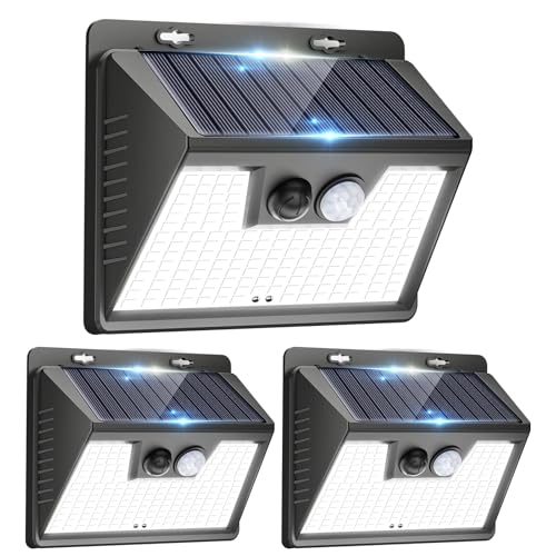 140LED Solar Powered Lights Outdoor Waterproof, 3 Packs Motion Sensor Light Ultra-Bright, 3 Modes Fence Security Lighting for Outside Yard Wall Deck Step Garden(Cool White)