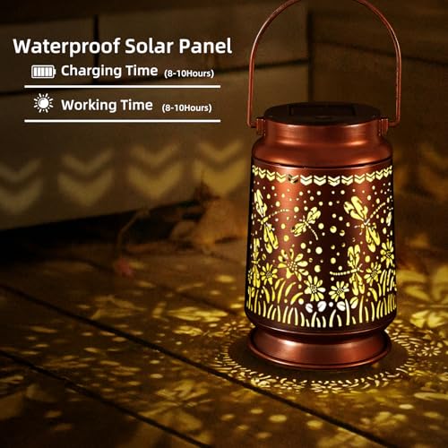 Solar Lantern Outdoor Hanging — Metal Dragonfly Solar Lights with Floral Projection, IP65 Waterproof, Auto On/Off, 8–12H Illumination, Garden Décor Gift for Mom Grandma Women