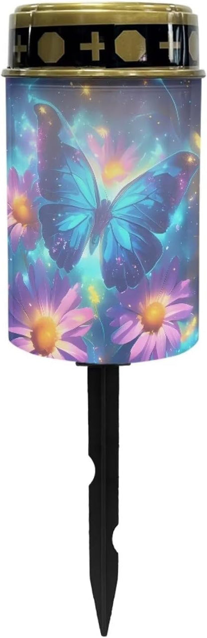 Solar Lights Outdoor Garden, Blue Butterfly Pink Flower Waterproof Solar Powered Stake Lights,Gifts for Grave Dad Grandma Garden Yard Gravesite Decorations