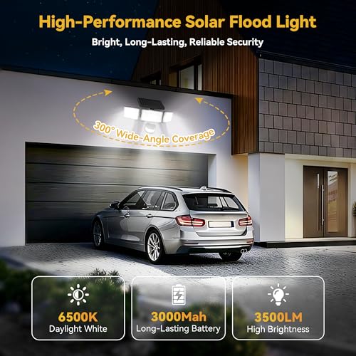 Solar Lights Outdoor, 3500LM 168 LED Motion Sensor Solar Flood Lights, 3 Heads 300° Wide Angle, 3 Modes IP65 Waterproof Solar Security Lights for Yard Garden Patio, 2 Pack (Black)