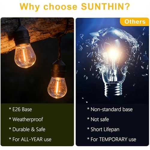 SUNTHIN 50FT Outdoor String Lights with 16 1W LED Bulbs