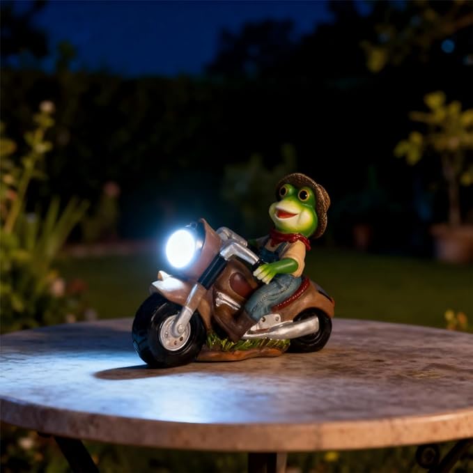 Solar Frog Motorcycle Statue Light - Outdoor Garden Decor Resin Frog Figurine Riding Vintage Ornament for Patio | Lumora
