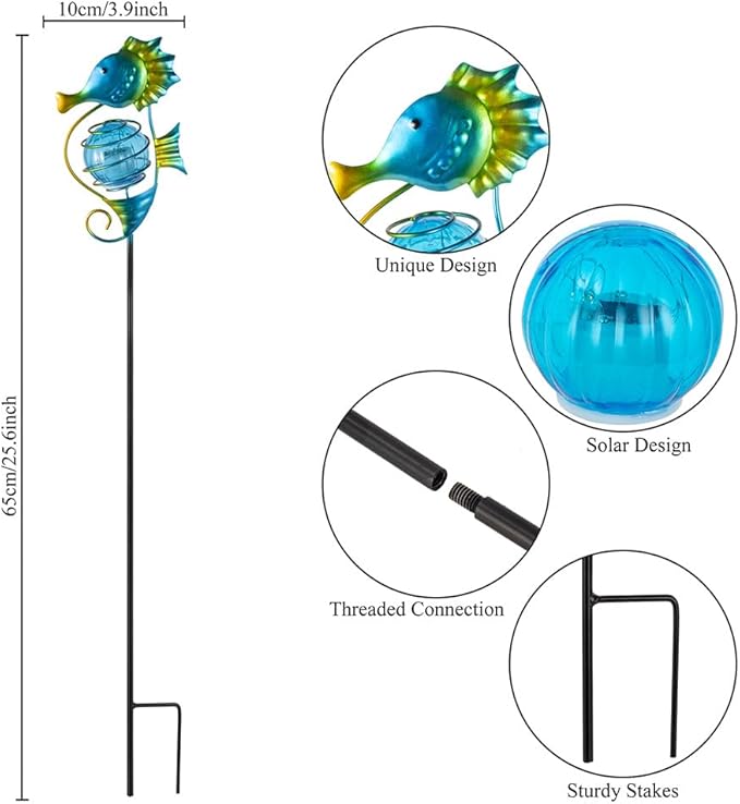 Solar Lights Outdoor 2 Pack,Metal Garden Decorative Stake Solar Lights Blue Seahorse Decor for Garden,Pathway,Lawn,Patio,Yard