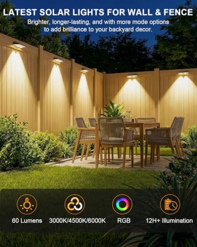 Solar Fence Lights Outdoor,3000/4500/6000K/RGB 13 Mode 8PACK Fence Lights Solar Powered High Brightness LED Lens IP65 Waterproof Solar Wall Light for Outside/Patio/Step/Backyard/Railing/Pool/Deck