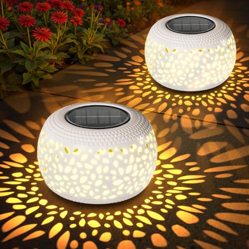 Solar Lanterns Outdoor Waterproof Lights: 2Pack White Hollow Out Metal Table Light, Outside Garden Yard Balcony Indoor Tabletop Lighting Decorations, Unique Gardening Gifts for Women Mom